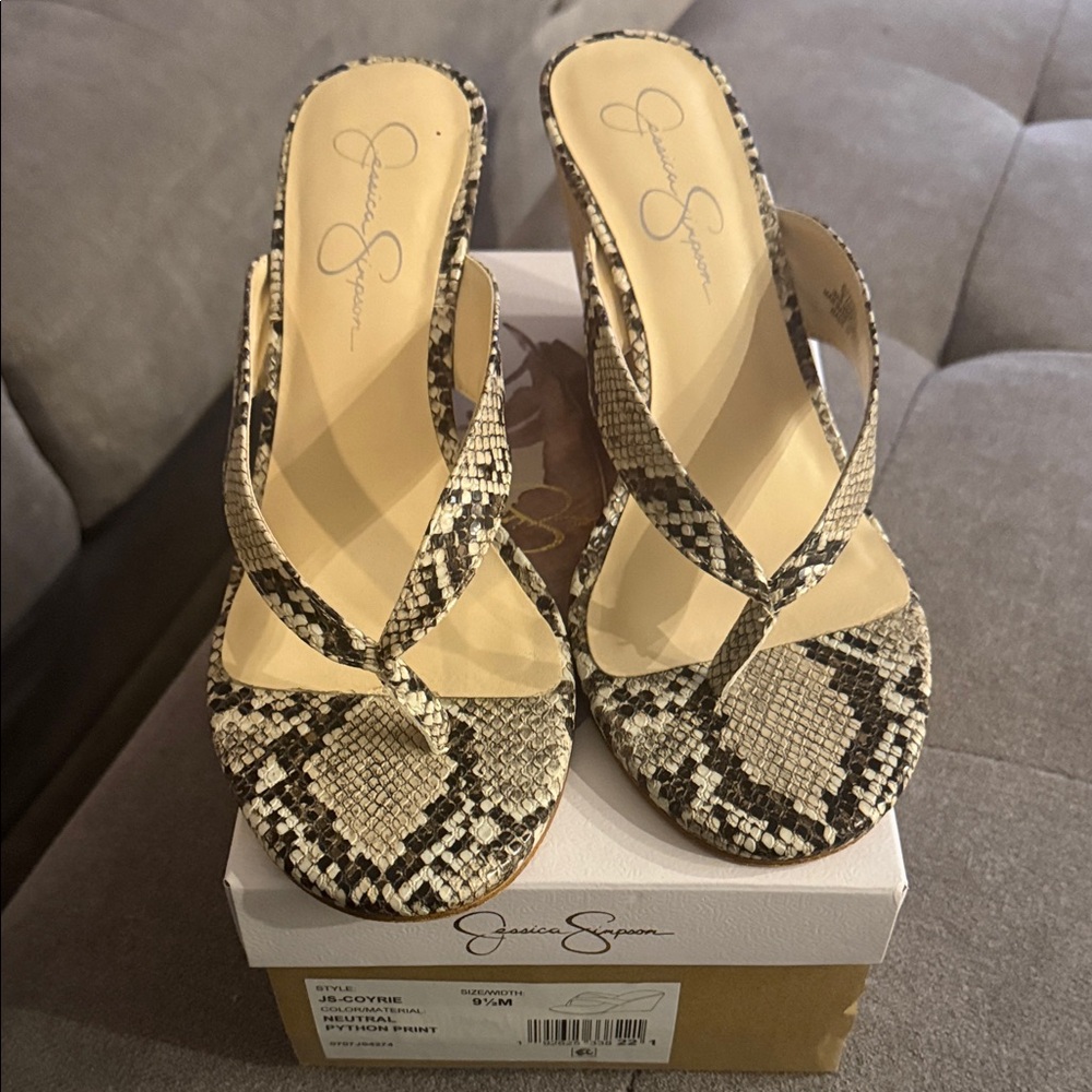 Jessica Simpson Beige and Black Snake-Print Heeled Thong Sandals